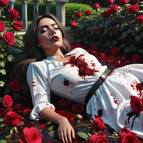 Relistic photography of a woman lying on a bed of blood with a rose garden in the background, Horrible background, horror!! Highly detailed, cursed images, still from animated horror movie, Gapmoe Yandere, Laying on roses, Detailed digital art, Her eyes bl...