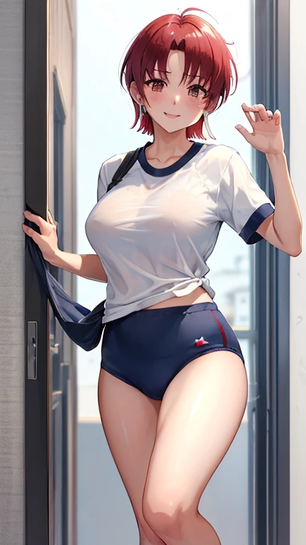 (masterpiece, highest quality:1.2), bazett, FGO, One girl, alone, short hair, Redhead, bangs, Red eyes、blush、Big Breasts,  Earrings, (Navy blue cuffs and white short-sleeved gym uniform)、(Bloomers are bikini type)、(
barefoot)、Navy blue socks、Big smile、Grou...