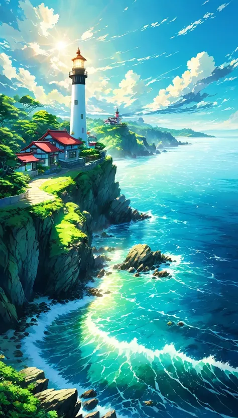 Oceanが目の前の景色、Tropics、Ocean、Ocean岸、cliff、Bungalow、Resort、turquoise blue、Emerald green、sunshine、water surface、rock、cloud、blue sky、summer、Paradise、beautiful、vivid、nature、trip、vacations、beautiful Anime Scenery, Landscape painting, Lighthouse, beautifulデジタル絵画, ...