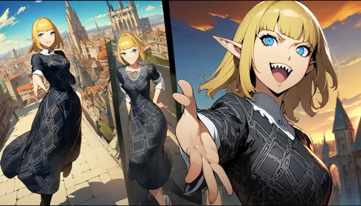 1girl, expressive blue eyes, wink, smile with sharp teeth, elf ear, blonde hair, black patterned clothes dress, jojo poses, big medieval city in sunset in background, detail richness, masterpiece, best quality, PERSONA style, Soejima Shigenori style