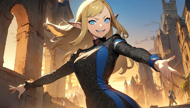 1girl, expressive blue eyes, wink, smile with sharp teeth, elf ear, blonde hair, black patterned clothes dress, jojo poses, big medieval city in sunset in background, detail richness, masterpiece, best quality, PERSONA style, Soejima Shigenori style