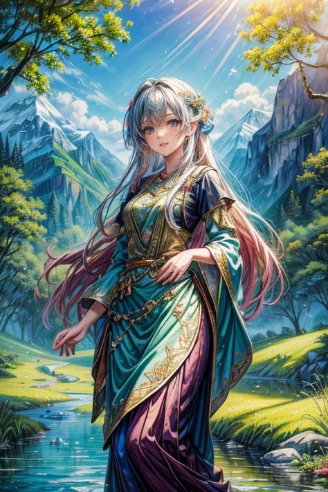 (detailed oil painting:1.2),cute ,vivid colors,vibrant scenery,serene atmosphere,colorful costume,flowing hair,, sparkling river, lush trees, peaceful meadows,delicate flowers,soft sunlight,playful breeze,majestic mountains,clear blue sky,realistic details...