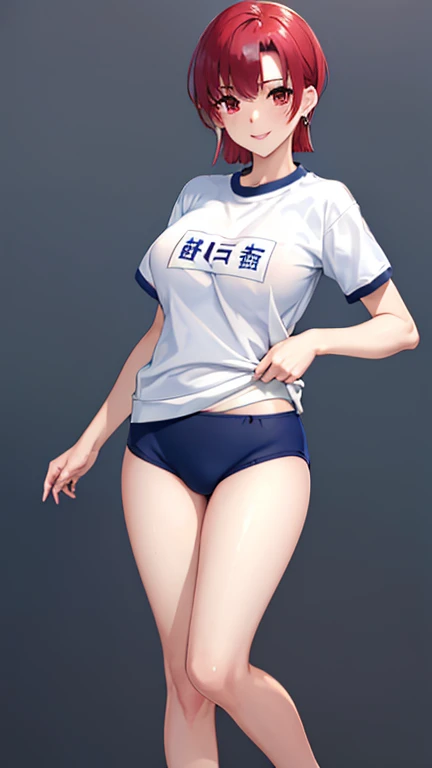 (masterpiece, highest quality:1.2), bazett, FGO, One girl, alone, short hair, Redhead, bangs, Red eyes、blush、Big Breasts,  Earrings, (Navy blue cuffs and white short-sleeved gym uniform)、(Navy Blue Bloomers)、(
barefoot)、Navy blue socks、Big smile、Hotel、(((L...