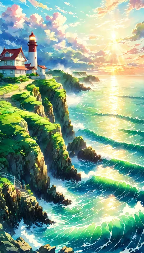 Ocean, Ocean岸, cliff, Lighthouse, Home, green, wood, rock, Wave, 太陽Light, blue sky, cloud, summer, sunset, Asahi, Light, vivid, beautiful, landscape, anime, watercolor, warm, bright、beautiful animeのlandscape, landscape画, beautifulデジタル絵画, Andreas Rocha, bea...