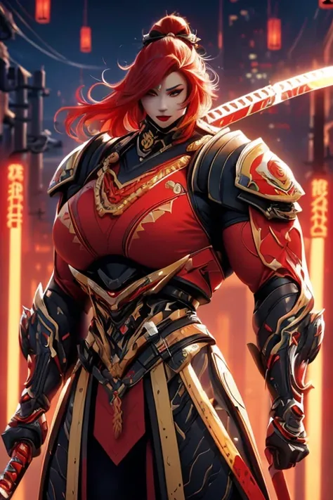 ((((Massive, beautiful, buff, muscular pale white skinned asian female samurai with red hair, black lipstick, ginormous bulky muscles, holding a crimson fire sword and wearing an all red cyber samurai armor with pants)))), {close view}, black eyeliner, mas...