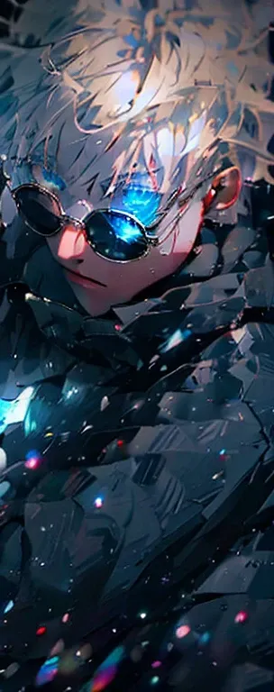 1 boy,rim light,looking_at_screen,masterpiece,best quality,sologojo satoru,highest detailed.sunglasses,glowing eyes,white hair,