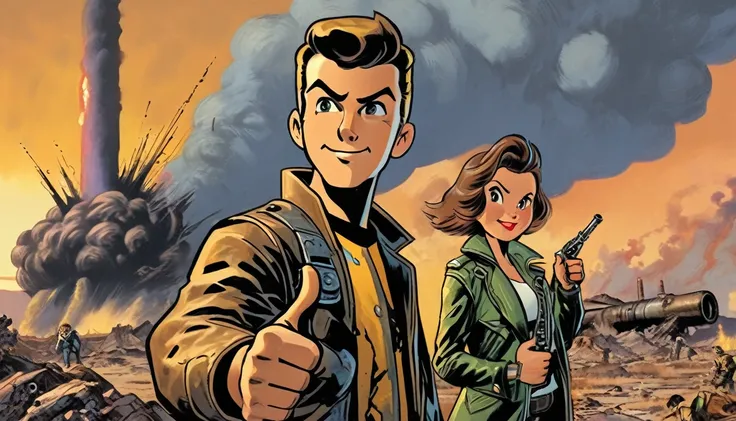 band, expressive eyes, wink, in fallout leather jacket, vaul-boy pose, thumbs up, wasteland in sunset in background, nuclear bomb explosion in background, detail richness, masterpiece, best quality, fallout style, pulps comics style