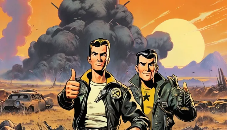 band, expressive eyes, wink, in fallout leather jacket, vaul-boy pose, thumbs up, wasteland in sunset in background, nuclear bomb explosion in background, detail richness, masterpiece, best quality, fallout style, pulps comics style