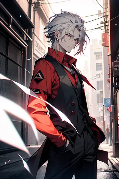 man with pale skin, crimson eyes, a bit long white hair and a manly, badass face. wearing a red shirt rolled up to the elbows, with a black dress vest buttoned on top, with black dress pants with a black tail that ends in a red triangle.