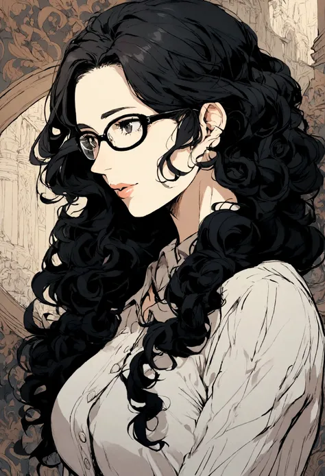 1girl, long hair, black hair, curly hair, mature female, glasses