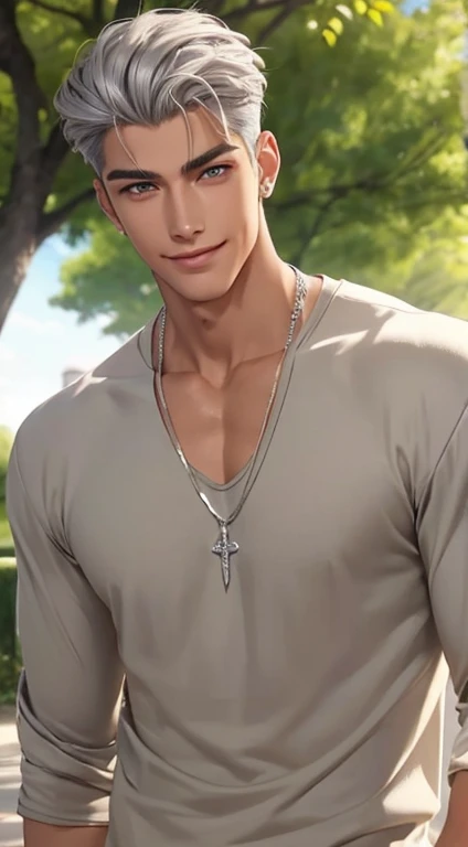 1 boy,Handsome，tall and strong,perfect male figure, eyes looking at camera, ((tanned skin)) by the park，silver hair,serious expression,necklace,Ray tracing. Smiling.