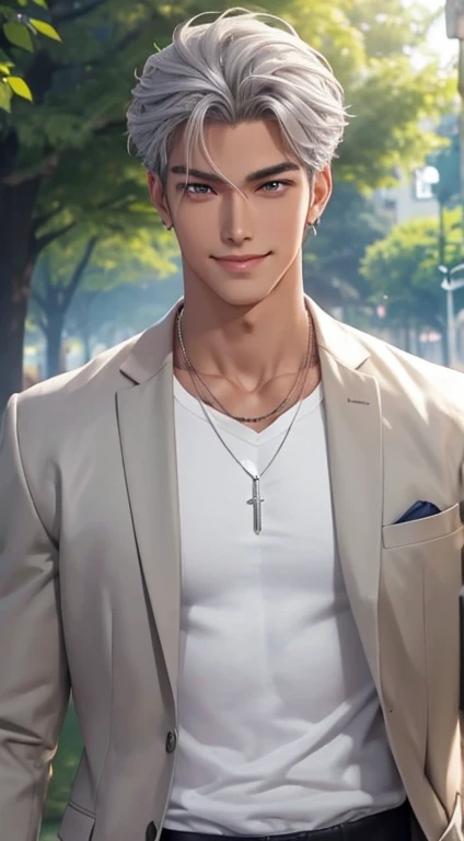 1 boy,Handsome，tall and strong,perfect male figure, eyes looking at camera, ((tanned skin)) by the park，silver hair,serious expression,necklace,Ray tracing. Smiling.