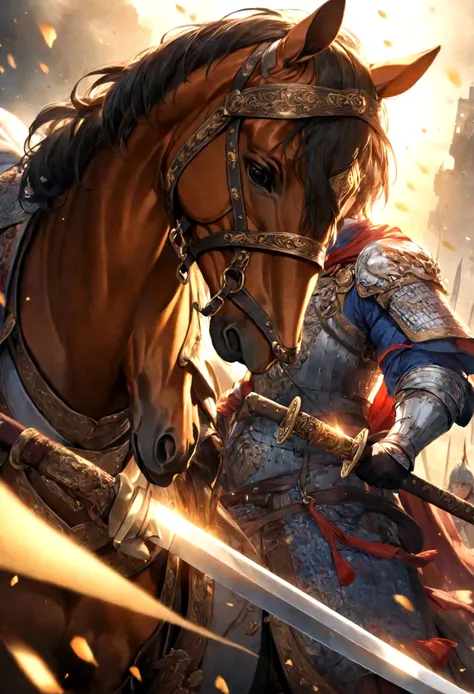 A valiant knight,horse riding,Hold a long knife in your hand,Background is battlefield,Sunshine,Heroic and fearless,Magnificent,Dynamic graphics,Rich in details