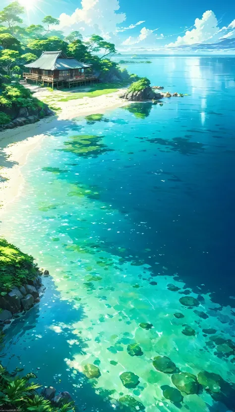 Tropics, lagoon, Water Cottage, Resort, Emerald green, turquoise blue, transparency, sunshine, reflection, water surface, seabed, White Sand, rock, Shadow, cliff, green, blue sky, White cloud, bright々, Paradise, beautiful, Spectacular views, trip, vacation...