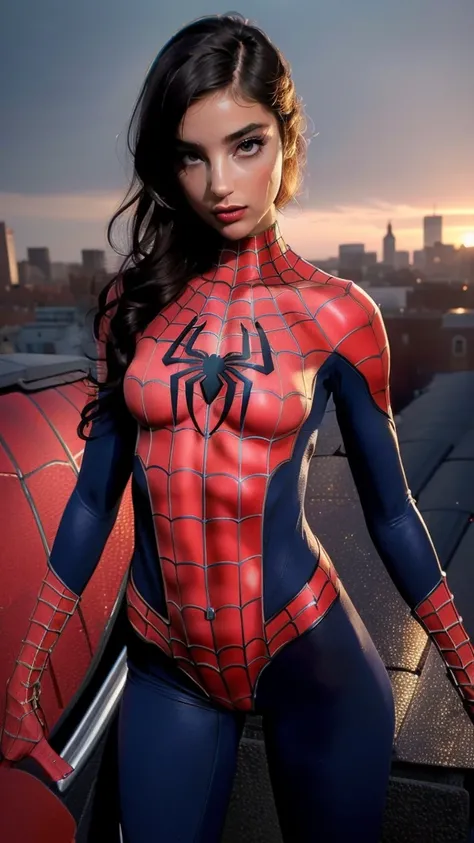 ((Emily Willis)), (((exposed breasts, show nipples))), unzipped:1.5, bright eyes, ((costume is unzipped from her chest to her vagina)), smile, Beautiful woman detailed defined body, ((spider man cosplay)), small breasts, ((breasts popping out)), thigh gap,...