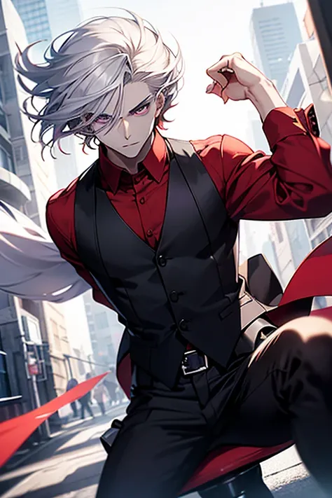 man with pale skin, shiny purple eyes, a bit long white hair and a manly, neutral face. wearing a red shirt rolled up to the elbows, with a black dress vest buttoned on top, with black dress pants.