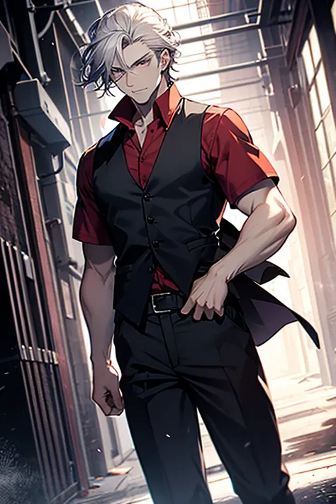 man with pale skin, shiny purple eyes, a bit long white hair and a manly, neutral face. wearing a red shirt rolled up to the elbows, with a black dress vest buttoned on top, with black dress pants.