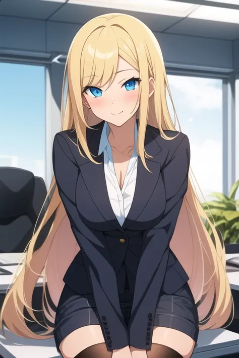 create a 25-year-old anime girl in office attire and black stockings with blonde hair and blue eyes with a luxurious office landscape