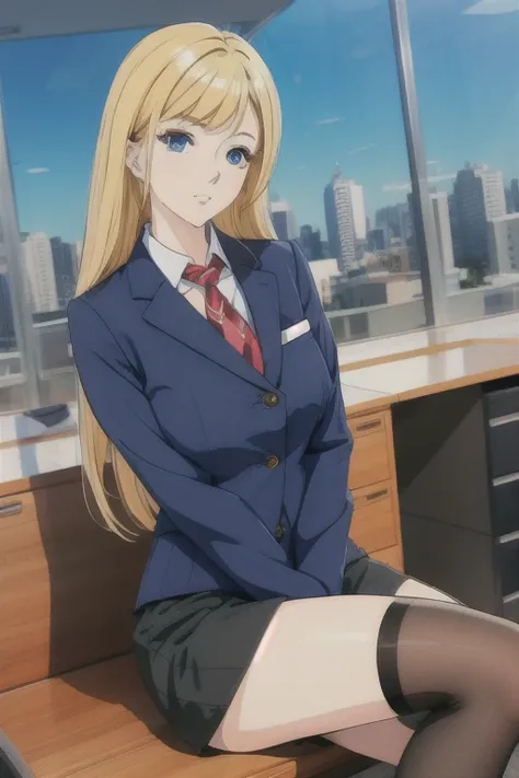 create a 25-year-old anime girl in office attire and black stockings with blonde hair and blue eyes with a luxurious office landscape