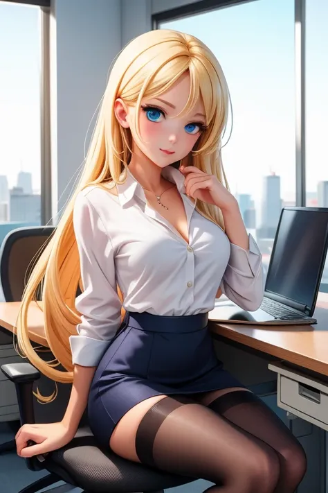 create a 25-year-old anime girl in office attire and black stockings with blonde hair and blue eyes with a luxurious office landscape