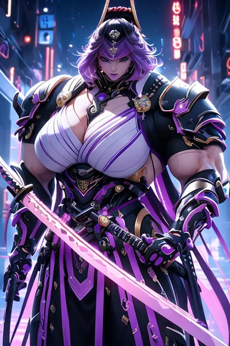 ((((Massive, beautiful, buff, muscular pale white skinned female samurai with violet purple hair, black lipstick, ginormous bulky muscles, holding a violet fire sword and wearing an all violet cyber samurai armor with pants)))), {close view}, black eyeline...