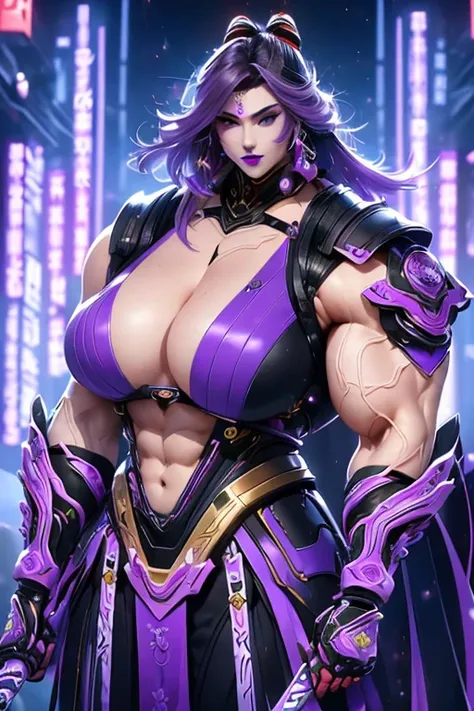 ((((Massive, beautiful, buff, muscular pale white skinned female samurai with violet purple hair, black lipstick, ginormous bulky muscles, holding a violet fire sword and wearing an all violet cyber samurai armor with pants)))), {close view}, black eyeline...