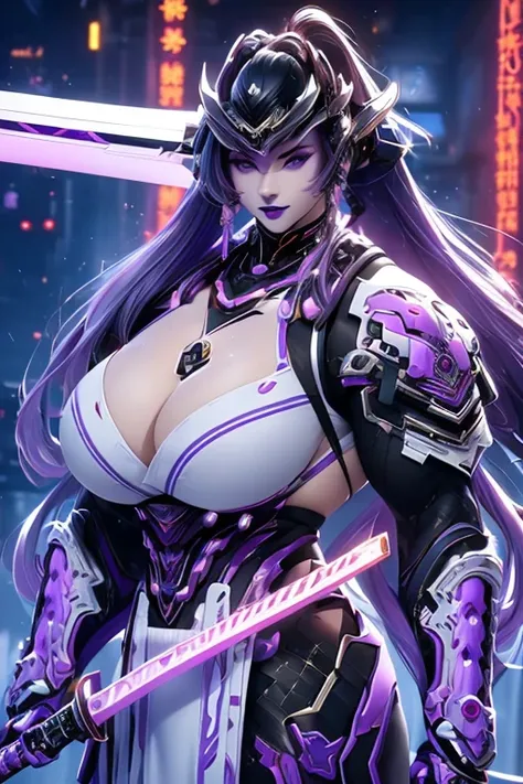 ((((Massive, beautiful, buff, muscular pale white skinned female samurai with violet purple hair, black lipstick, ginormous bulky muscles, holding a violet fire sword and wearing an all violet cyber samurai armor with pants)))), {close view}, black eyeline...