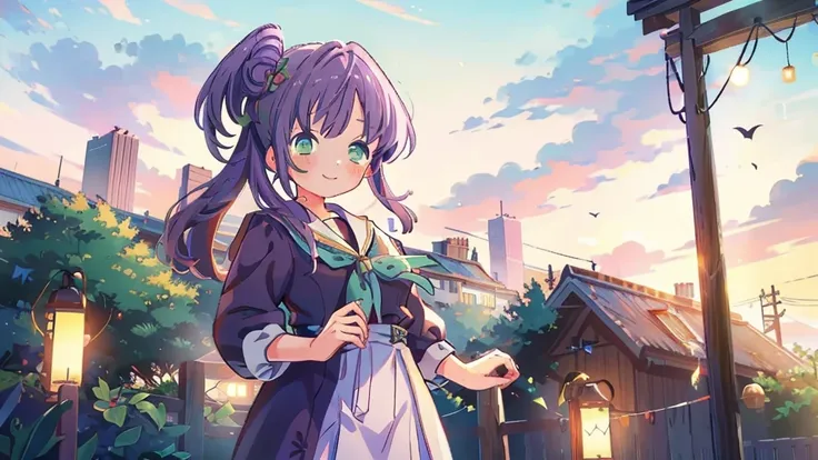 masterpiece, best quality, dusk, sunset, cloudy, game_cg, solo, bishoujo, light purple hair, ponytail, bangs, hair ribbon, light blush, tareme, light smile, green eyes, large breasts, sailor_collar, hand on own chest, LLKozue
ponytail
side ponytail,Otomune...