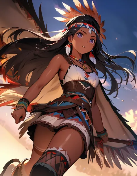 Native American female warrior(cute,beautiful,age of 18,(muscular:1.3),(holding 1tomahawk:1.2),dark skin,dark floating hair,dark shiny eyes,big eyes,face with strong will,leather dress(fringe, glass beads),indian cape(fringe, glass beads), war bonnets(Nati...