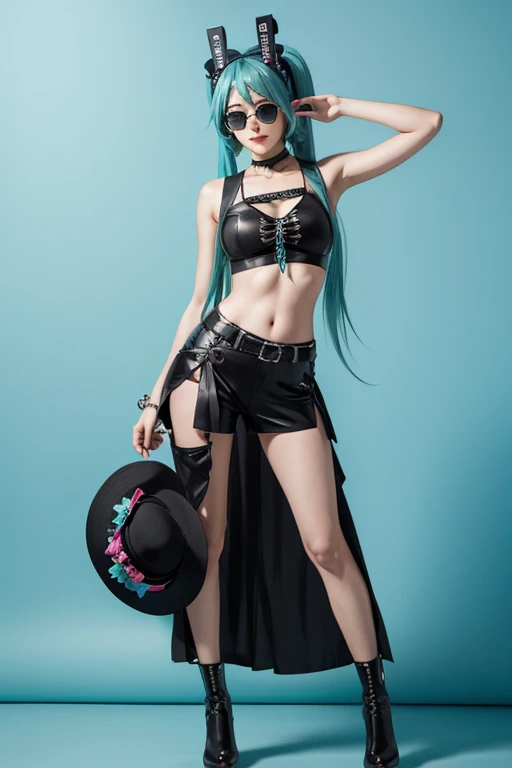 (full body) Hatsune miku wearing a sombrero with black shades and croptop