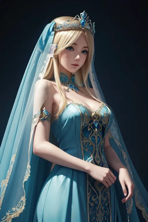 blond haired Hatsune Miku in blue dress with veil and veil over head, beautiful fantasy maiden, detailed fantasy art, beautiful fantasy art, blonde - haired princess, artgerm on artstation pixiv, beautiful maiden, ((a beautiful fantasy empress)), 2. 5 d cg...