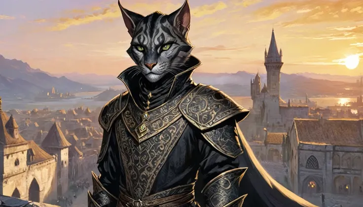 a male khajiit, expressive eyes, black patterned clothes dress, jojo poses, big medieval city in sunset in background, detail richness, masterpiece, best quality, The Elder Scrolls style