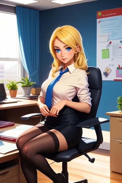 create a 25-year-old anime girl in office attire and black stockings with blonde hair and blue eyes with a luxurious office land...