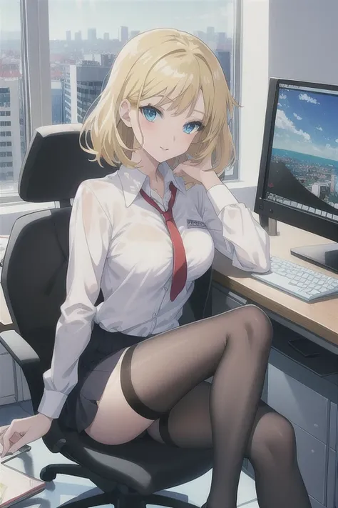 create a 25-year-old anime girl in office attire and black stockings with blonde hair and blue eyes with a luxurious office landscape