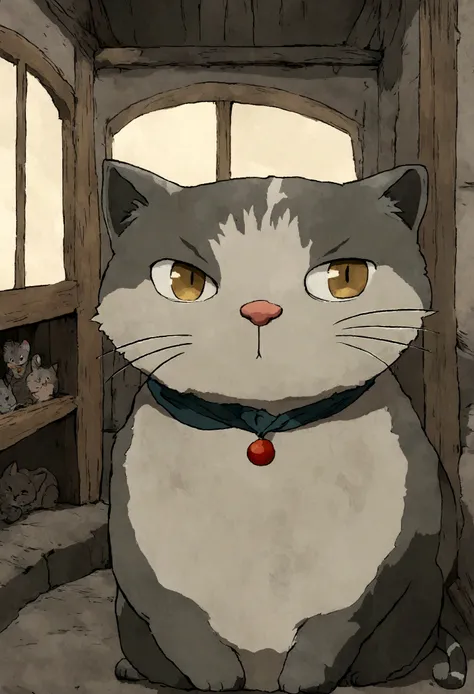 super gato, Dark grey Tabby cat with white bottom, studio_ghibli_anime_style style, 2d