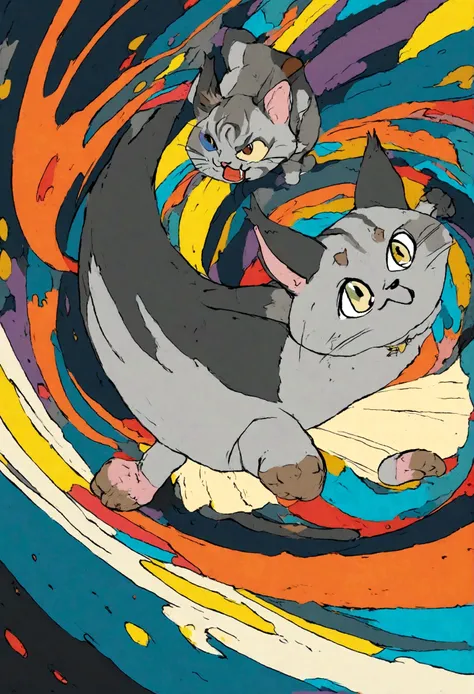 super gato, Dark grey Tabby cat with white bottom, studio_ghibli_anime_style style, 2d