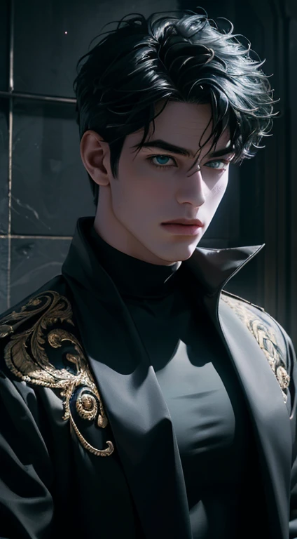 a male wizard with black hair, intense green eyes, 25 years old, (best quality,4k,8k,highres,masterpiece:1.2),ultra-detailed,(realistic,photorealistic,photo-realistic:1.37),half body,noble clothing,ornate details,intricate patterns,dramatic lighting,chiaro...