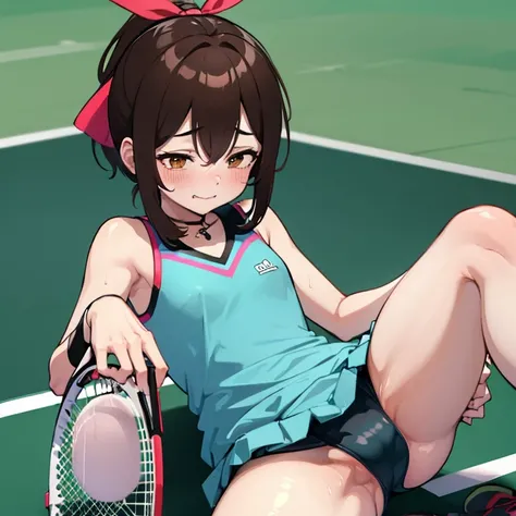 ((nsfw))、field、audience、Tennis court、((tennis racket))、exposed、blush、crying face、spread legs、wet、ponytail、ribbon、brown hair、love juice dripping