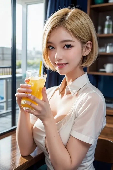 Blonde busty beauty drinking yellow carbonated water,Hairstyle: Short hair,smile