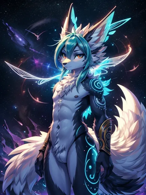  Miku Hatsune boy, agua&blanco, alta definicion, orejas de kitsune, tatuaje dorado, tatuaje tribal, vista cuerpo completo, patas hermosas,mirada intimidante, Ojos azules profundos, aura magica, kitsune espacial, mystical aura, mystical aura, cola larga y e...