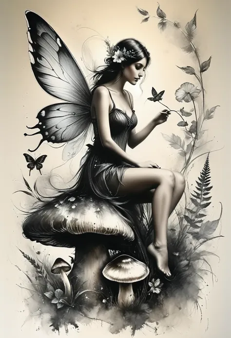 charcoal and chalk drawings. create a delicate and whimsical tattoo featuring a fairy with delicate wings sitting on a mushroom....