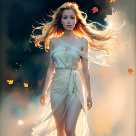 (8k, best quality, masterpiece:1.2),(best quality:1.0), (ultra highres:1.0), pencil colors, Gillian Anderson, shoulder, hair ribbons, by agnes cecile, full body photography, extremely luminous bright design, pastel colors, (ink:1.3), autumn lights, 