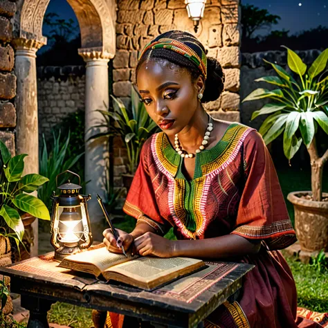 A photo of a beautiful woman in a african clothes looking at ancient african book under lamp on a low table in garden surrounded by old walls in a peaceful night,((her right hold a pen and her left hand place on table)),((masterpiece)),realistic,4k,extreme...