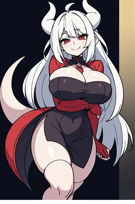 cleavage dragon girl dragon horns dress huge breasts looking at viewer pale-skinned female smiling at viewer white hair wide hips