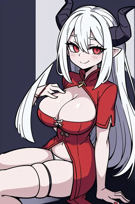 cleavage dragon girl dragon horns dress huge breasts looking at viewer pale-skinned female smiling at viewer white hair wide hips