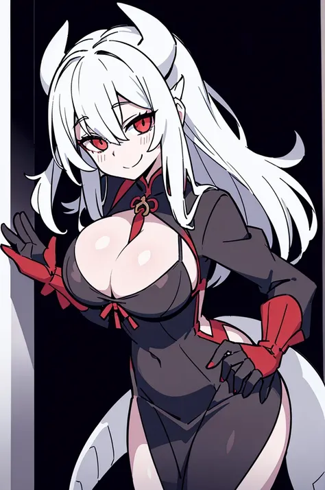 cleavage dragon girl dragon horns dress huge breasts looking at viewer pale-skinned female smiling at viewer white hair wide hips