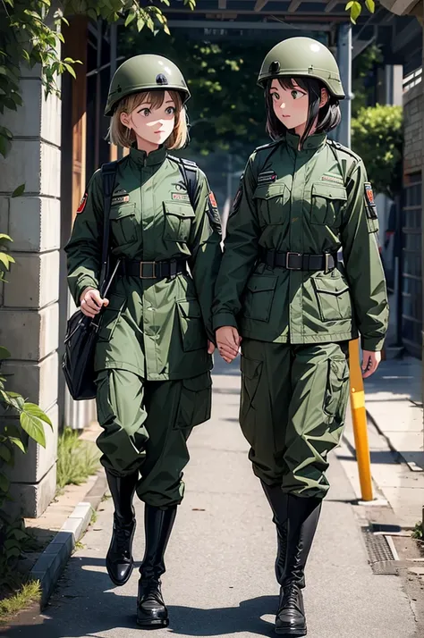 Two female soldiers wearing M1 helmets、Walk straight ahead、Bring your feet together、Wearing dark green M-51 jacket uniform。