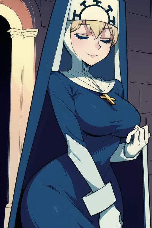 Double, short blonde hair, medium breasts, solo, smiling, cowboy shot, closed eyes, 
 blue habit, cross necklace ,white gloves, long sleeves, nun, long skirts, cape
(insanely detailed, beautiful detailed face,beautiful detailed eyes, masterpiece, best qual...