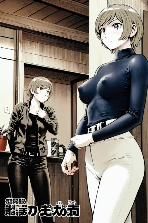 (野球uniform:1.2),
Blonde Hair, (short hair:1.2),Long sleeve, Black Shirt, turtleneck,White trousers、uniform、Black belt、((Illustration of a person))、Big Breasts、
View your viewers,, (highest quality:1.3),One Girl, White pants、uniform、Outdoor、baseball ground、...