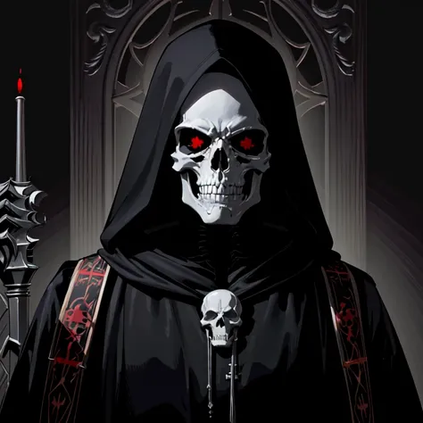 arafed image of a skeleton dressed in a black robe and a red cross, beautiful male god of death, dark but detailed digital art, reaper from overwatch, evil death, d & d lich, portrait of the god of death, hooded skull, grim reaper, he-man with a dark manne...